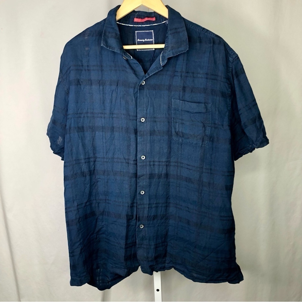 Tommy Bahama button down shirt short sleeves cotton linen plaid navy XXL